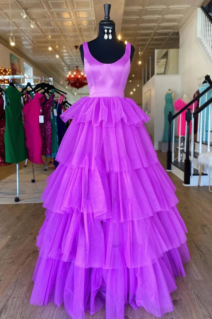Wholesale Purple Tired A Line Sleeveless Long Prom Dresses